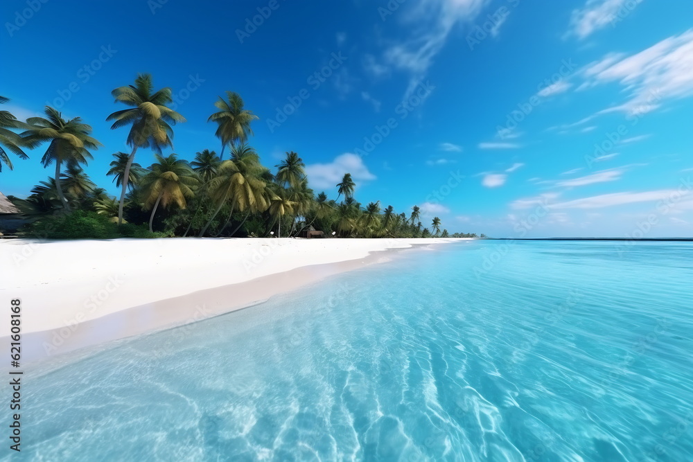 Tropical paradise beach with white sand and coco palms. Travel tourism wide panorama background concept.