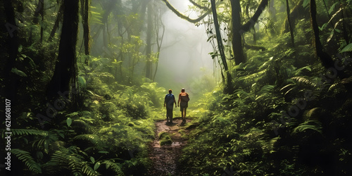 Trekking through a Dense Rainforest, with towering trees and a chorus of exotic wildlife