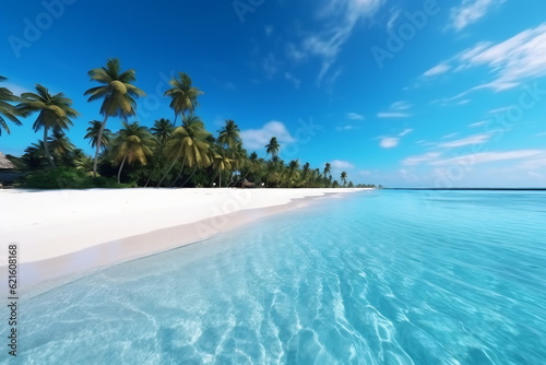 Tropical paradise beach with white sand and coco palms. Travel tourism wide panorama background concept.