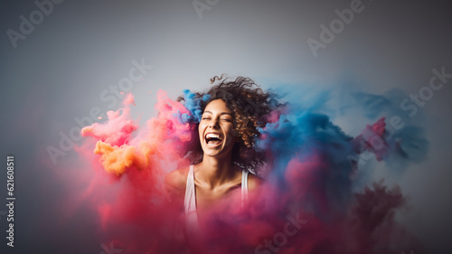 Lachende schöne Frau mit Holi Farben Explosion Poster Porträt, ai generativ photo