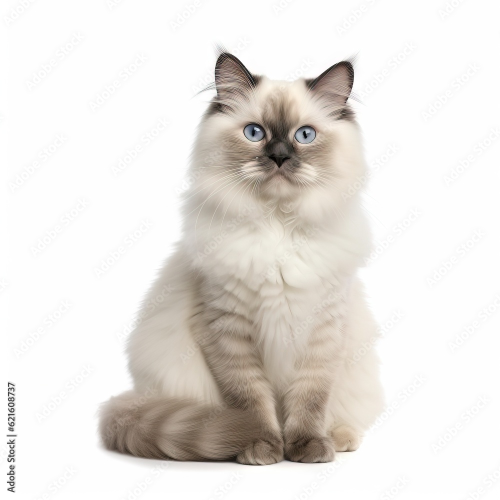  a white cat with blue eyes sitting on a white background with a white background and a black and white cat with blue eyes sitting on a white background.  generative ai