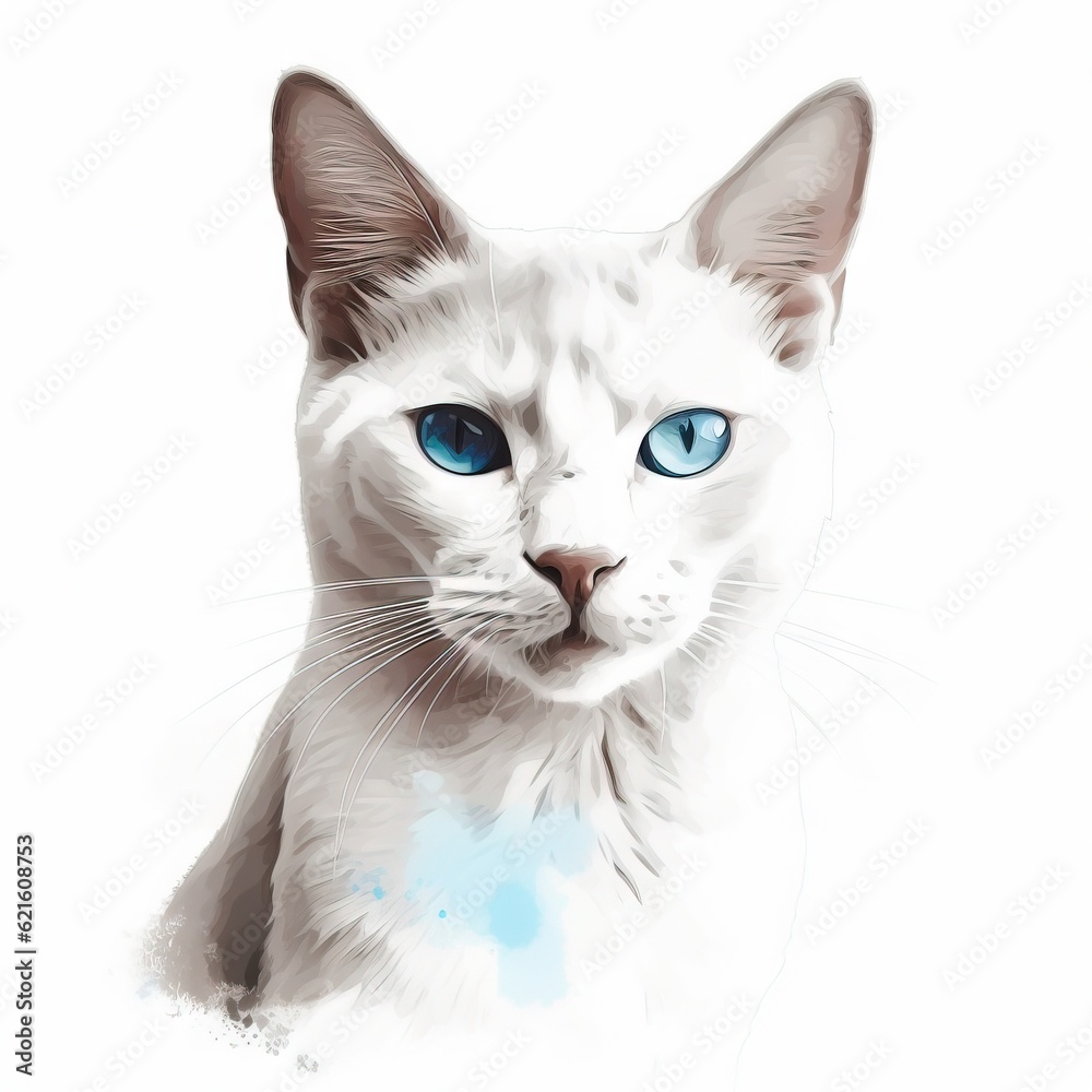  a white cat with blue eyes is looking at the camera with a serious look on its face, while the image appears to be in color.  generative ai
