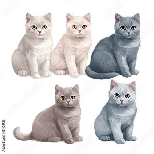  a group of four cats sitting next to each other on a white background with a white background and a blue background with a white background.  generative ai