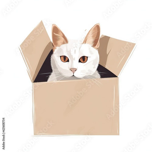  a white cat is peeking out of a cardboard box with its head sticking out of the top of the box, looking out of the box. generative ai