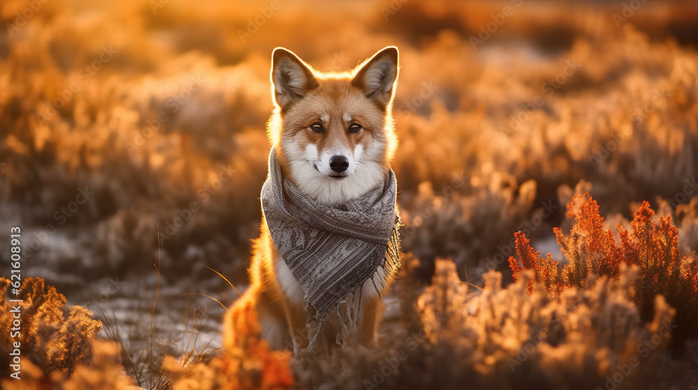 Closeup of a fox wearing a plaid scarf around its neck. Fox wearing beautiful soft knitted shawl. Fox with shawl in golden hour. Realistic 3D illustration. Generative AI