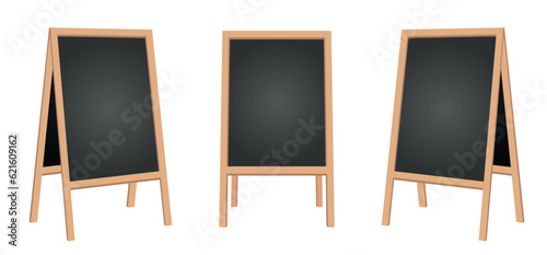 Sidewalk chalkboard. Outdoor restaurant blackboard with wood frame. Empty cafe texting easel vector isolated mockup. Chalkboard blank frame for menu restaurant billboard illustration.