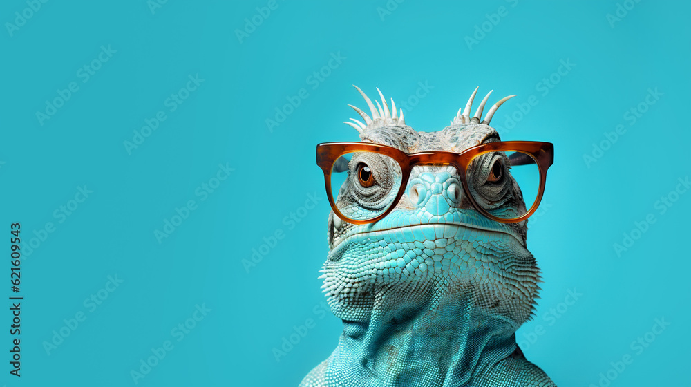 Iguana with glasses on a turquoise background close-up. AI generation