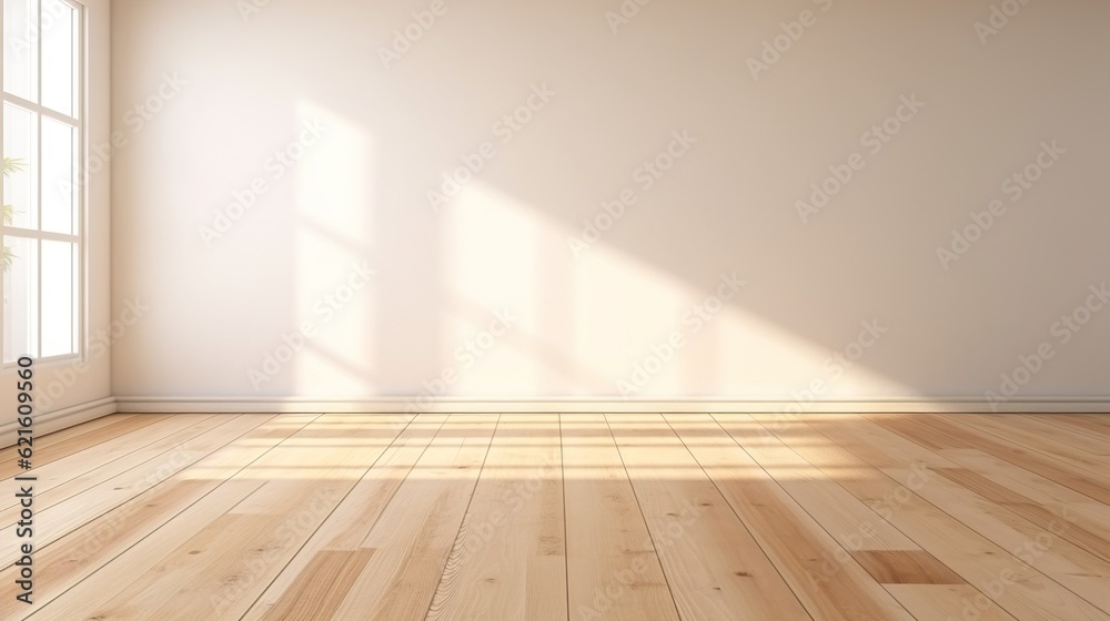 Light empty modern room with wooden floor and sunlight. AI generation Light empty modern room with wooden floor and sunlight. AI generation