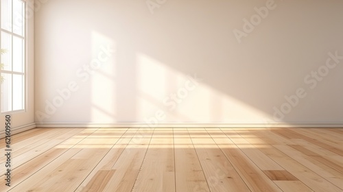 Light empty modern room with wooden floor and sunlight. AI generation