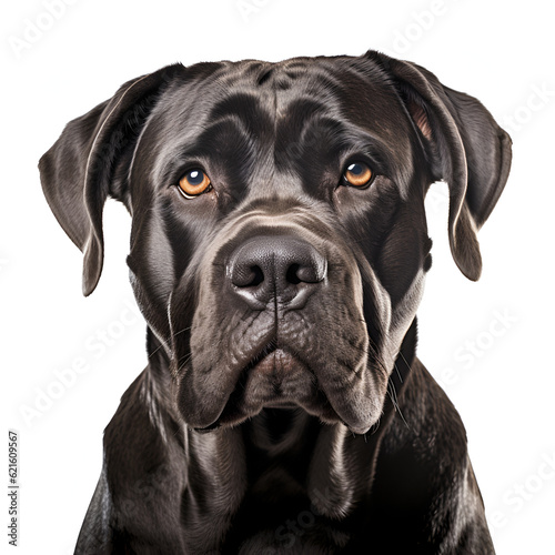 Illustration, AI generation. Cane Corso, dog's head on a white background.