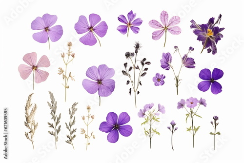Arrangement of spring purple flowers against a white background. Blooming concept. Flat lay