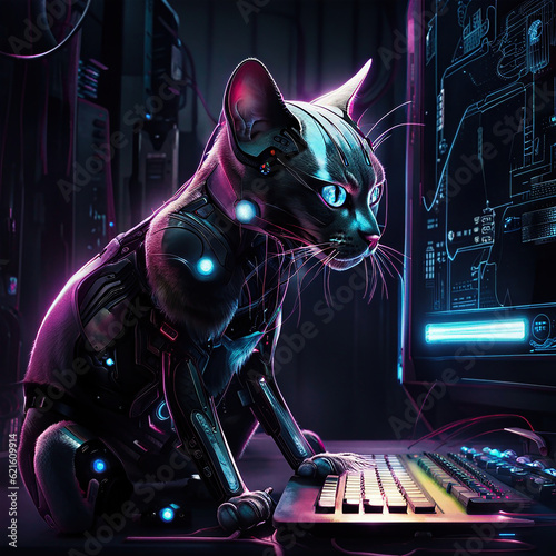 The cybernetic cat produced by artificial intelligence uses a computer. Stock image.