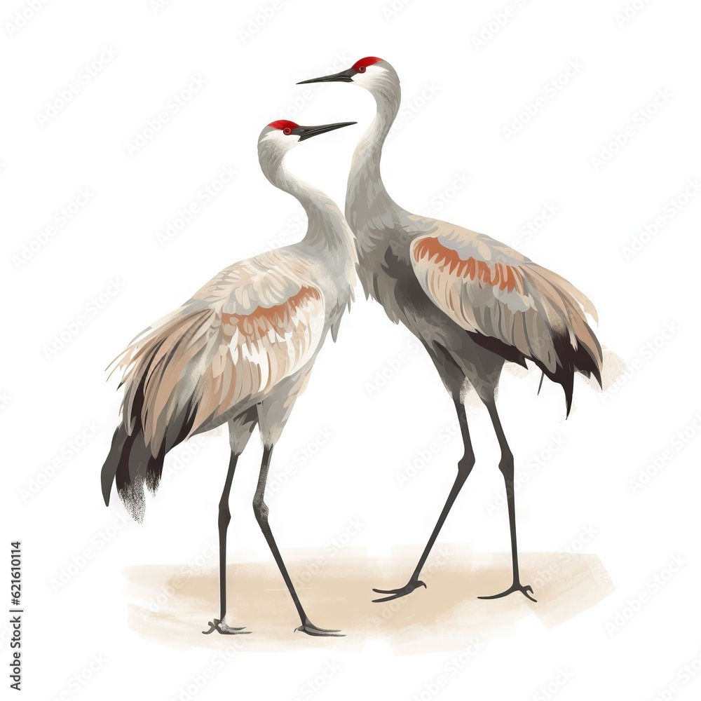 two birds standing next to each other on a white background with a red spot on their head and one bird with a red spot on it's head. generative ai two birds standing next to each other on a white background with a red spot on their head and one bird with a red spot on it's head. generative ai