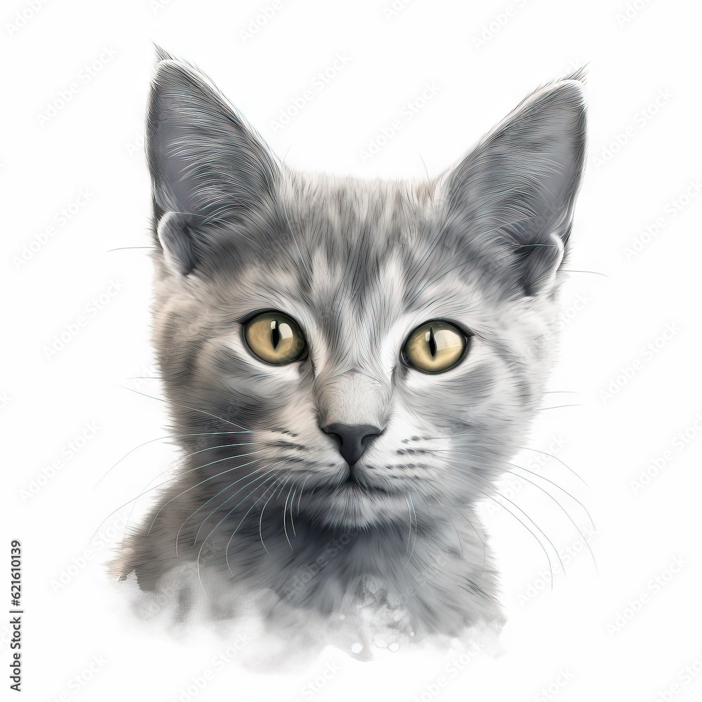 a close up of a cat's face with yellow eyes and whiskers on it's fur, with a white background. generative ai a close up of a cat's face with yellow eyes and whiskers on it's fur, with a white background. generative ai