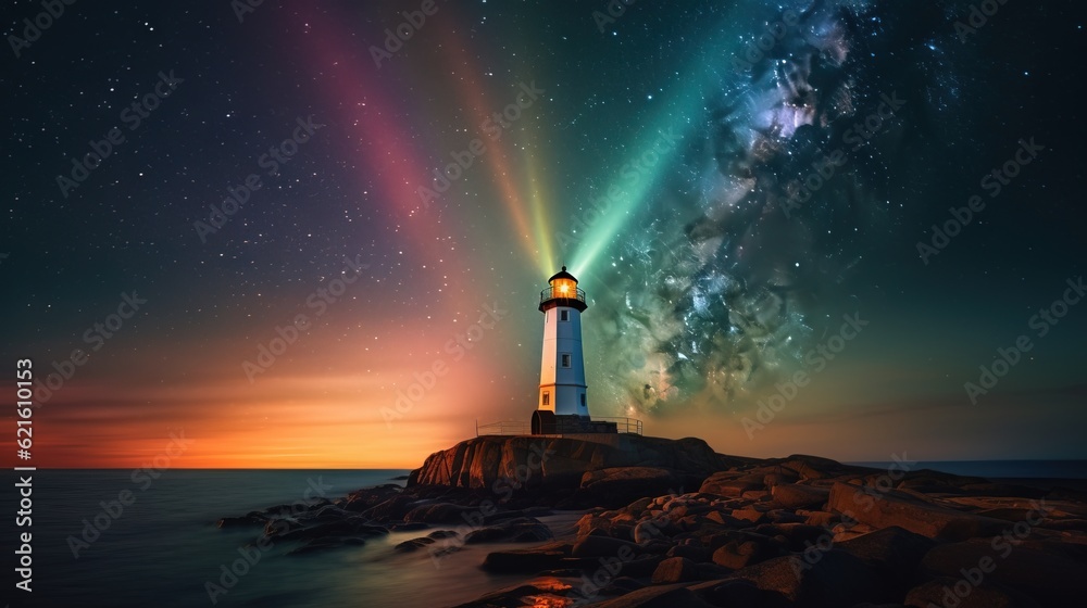  a lighthouse on a rocky outcropping with a colorful light coming from it's top in the sky above the ocean and a body of water below.  generative ai