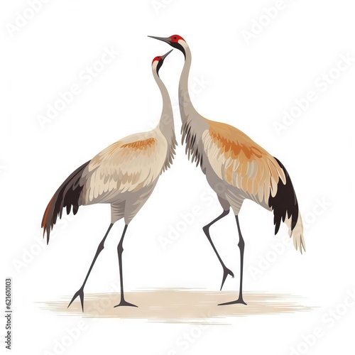  a couple of birds standing next to each other on a white background with a red beak and long legs and a red head and a black beak. generative ai