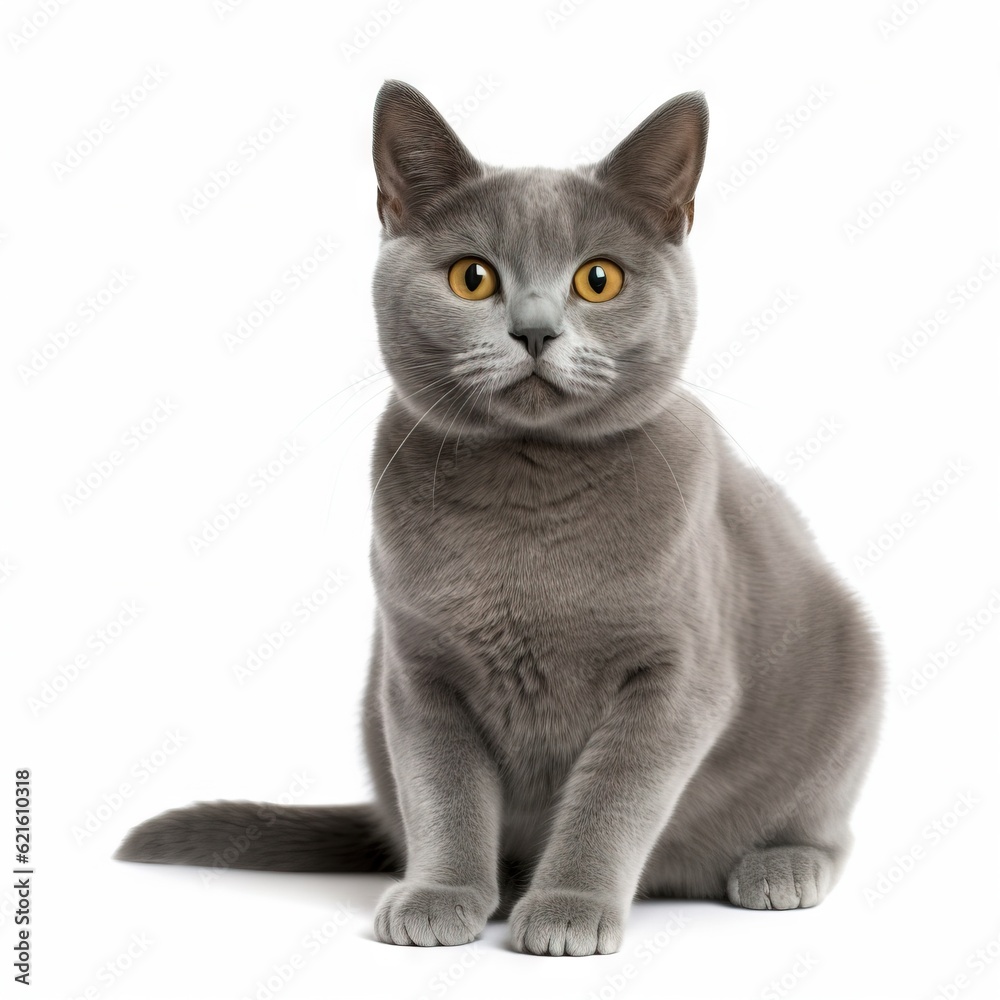  a gray cat with yellow eyes is sitting and looking at the camera with a curious look on its face, while looking at the camera.  generative ai