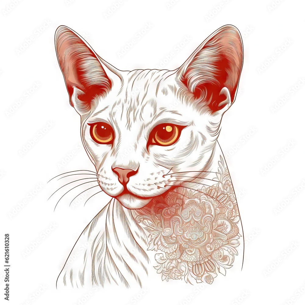  a white cat with orange eyes and a red collar with a floral pattern on it's neck, looking to the side, with a white background.  generative ai
