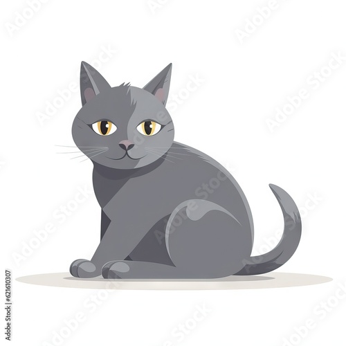  a gray cat sitting on the ground looking at the camera with a sad look on its face and yellow eyes, with a white background. generative ai
