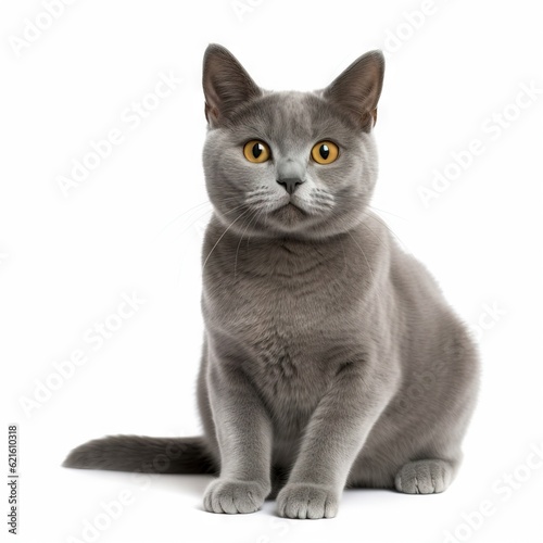  a gray cat with yellow eyes is sitting and looking at the camera with a curious look on its face, while looking at the camera. generative ai