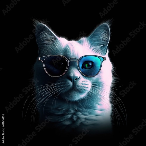  a white cat wearing sunglasses with a black back ground and a black back ground with a white cat with blue eyes and a black back ground. generative ai