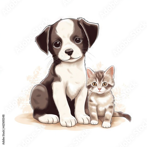  a dog and a cat sitting next to each other on a white background with a splash of paint on it s back ground and a white background.  generative ai