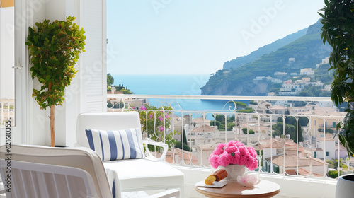 Modern simple patio with pink flowers. Ocean Amalfi view
