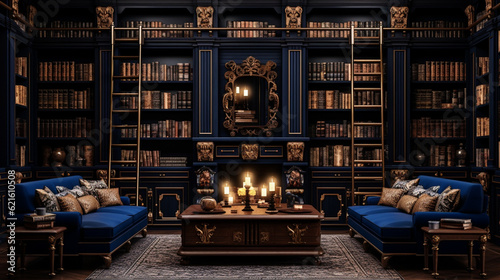 fancy library with candle lights and gold trimming