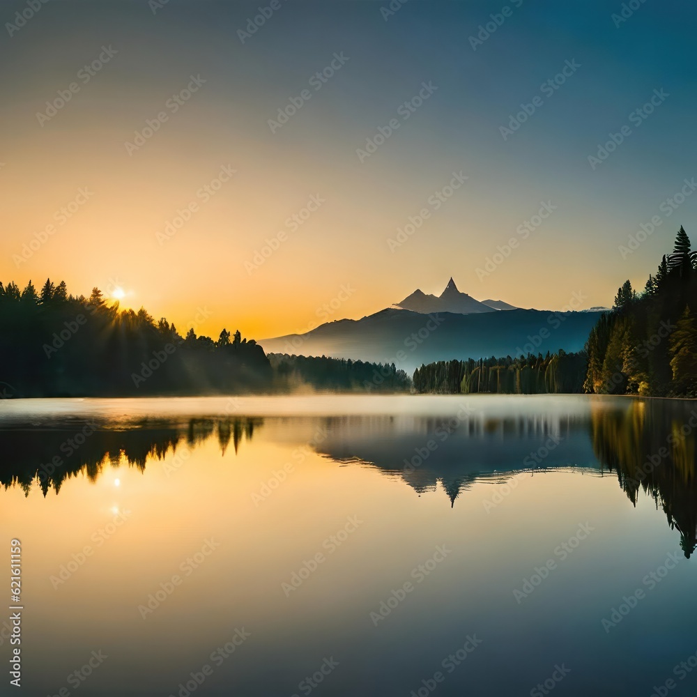 Landscape sunrise over the lake and mountains