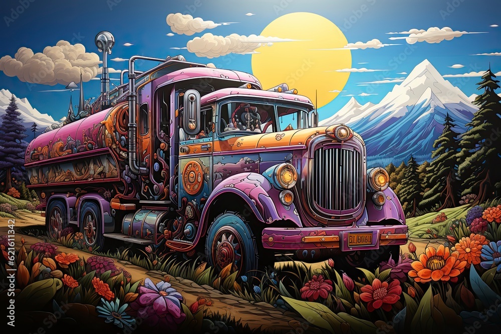 A colorful abstract illustration of a truck journeying through surreal landscapes enriched with vibrant colors and dreamlike unreality. Daylight time. Generative Ai. 