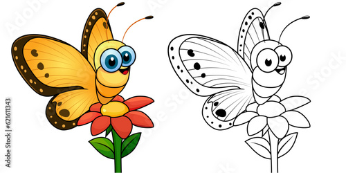 Butterfly on a flower Cartoon vector illustration, Butterfly and flower stock vector image, colored and black and white line art © VectorTrace.com