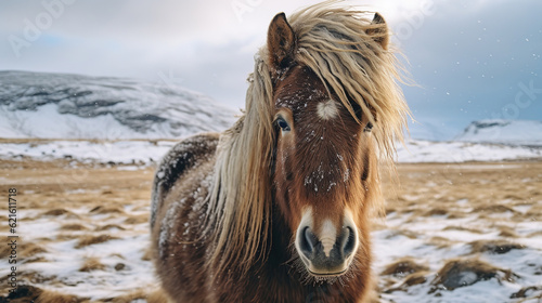horse with long mane during typhoon in iceland, generative ai 