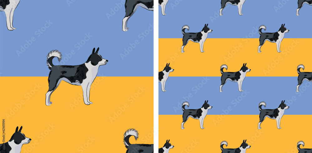 Dog blue and yellow geometric pattern fabric. Elegant, soft seamless background, abstract background with Canaan dogs, two-colored background. Birthday present, Clean style, plain wrapping art. Dog blue and yellow geometric pattern fabric. Elegant, soft seamless background, abstract background with Canaan dogs, two-colored background. Birthday present, Clean style, plain wrapping art.