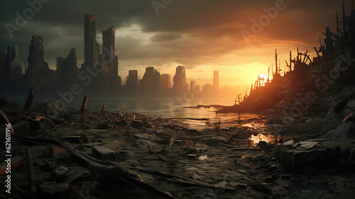Foto post-apocalyptic ruined city, generative ai