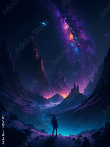 Galaxy environmental mountains. AI generated illustration