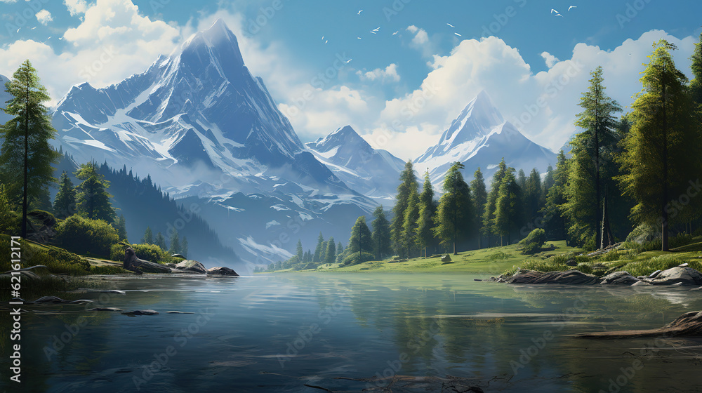 serene lake nestled amidst a forest, with towering trees and a majestic mountain peak in the Alps, generative ai 