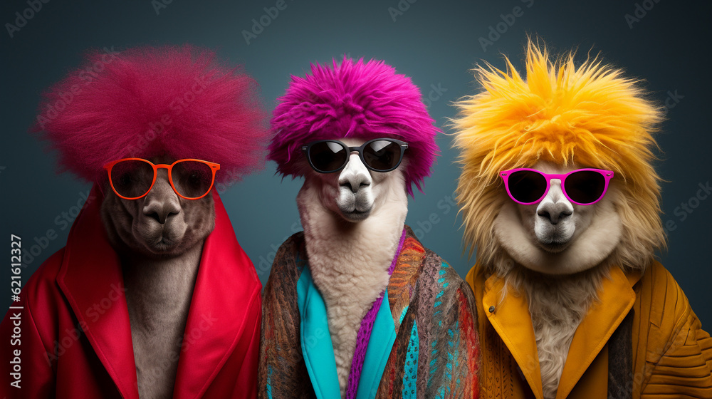 Stylish animal rock band, fashionable portrait of anthropomorphic cute superstar alpaca with sunglasses and vibrant suits, group photo, glam rock style. Generative AI.
