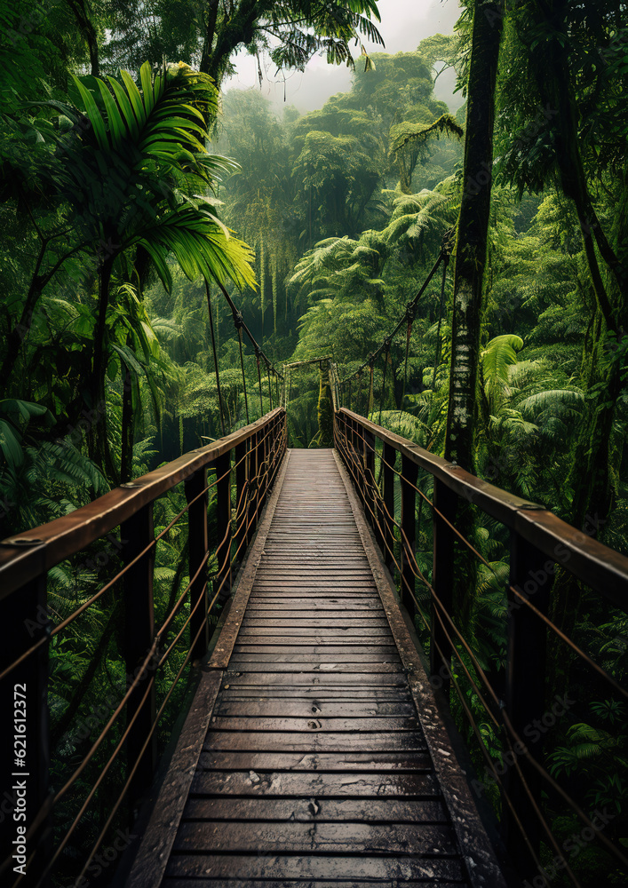 View of narrow footbridge between green tropical trees located in jungle, generative ai View of narrow footbridge between green tropical trees located in jungle, generative ai