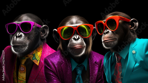 Fotografie, Tablou Stylish animal rock band, fashionable portrait of anthropomorphic superstar chimpanzees with sunglasses and vibrant suits, group photo, glam rock style