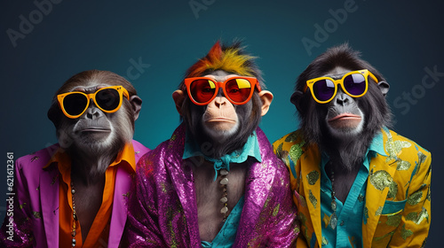 Fotografija Stylish animal rock band, fashionable portrait of anthropomorphic superstar chimpanzees with sunglasses and vibrant suits, group photo, glam rock style