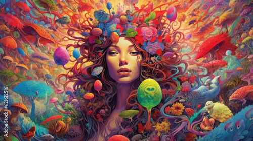 Psychedelic Art. A mesmerizing artwork featuring intricate patterns  vibrant colors  and mind-bending visuals.