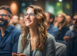 Woman with glasses smiling and clapping as a spectator or listener in a meeting room or conference. People in the audience in the background out of focus