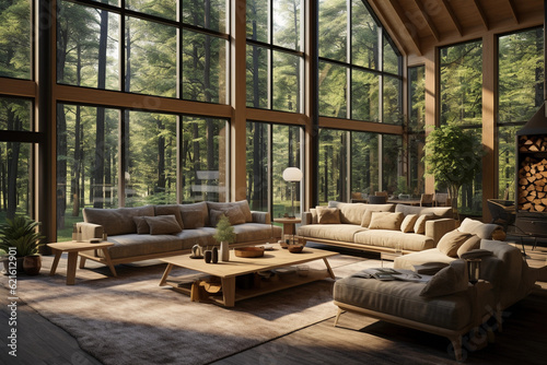 Spacious living room in a house in the woods. Panoramic windows, high ceiling. Natural shades. The interior of a country house. Environmental friendliness, lifestyle. © Yuliya