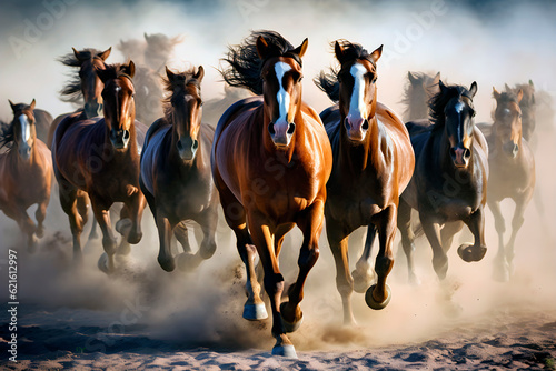 Herd of wild horses galloping at sunset. AI Generative.