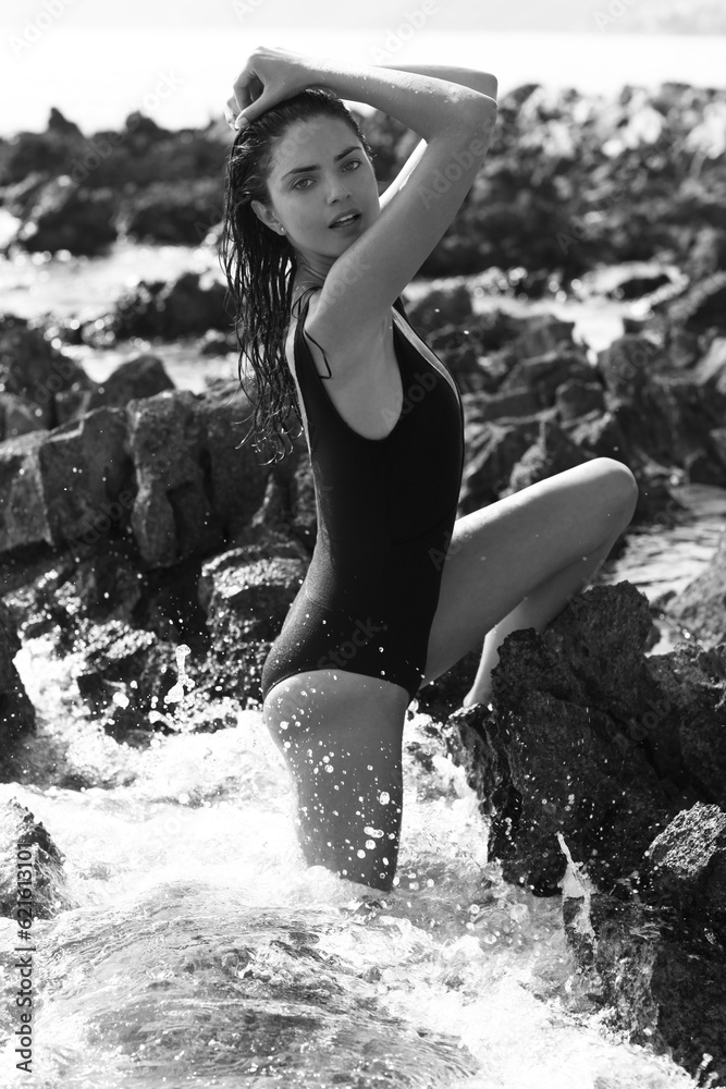 Sensual photo shot of beautiful brunette on the rocky beach area.