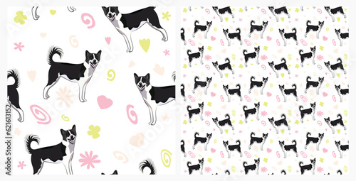 Summer pattern with spirals, leaf, flowers and Canaan dogs. Bright colors. Elegant, soft seamless background, abstract summer pattern with hand-drawn colorful shapes. Delicate, gender-neutral.