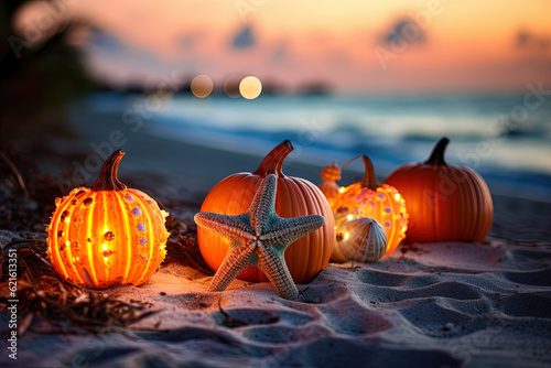 Halloween on a beach. Pumpkins, starfish and seashells on the seashore at sunset. Generative Ai.