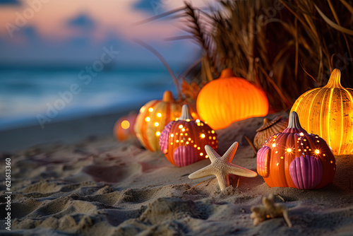 Halloween on a beach. Pumpkins, starfish and seashells on the seashore at sunset. Generative Ai.