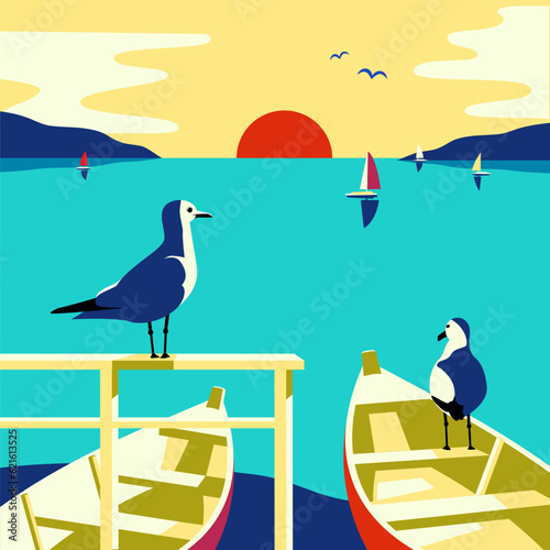 Sailboats and seagulls on sea coast pier vector seascape illustration. Seaside holiday vacation travel poster background. Ocean bay serene scene of seabirds, yachts, sailing boats flat minimal design