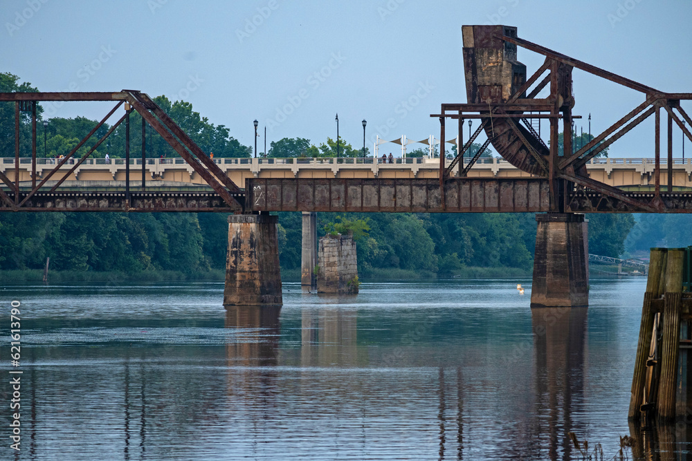 steel train bridge over the savannah river in Augusta in the blue hour